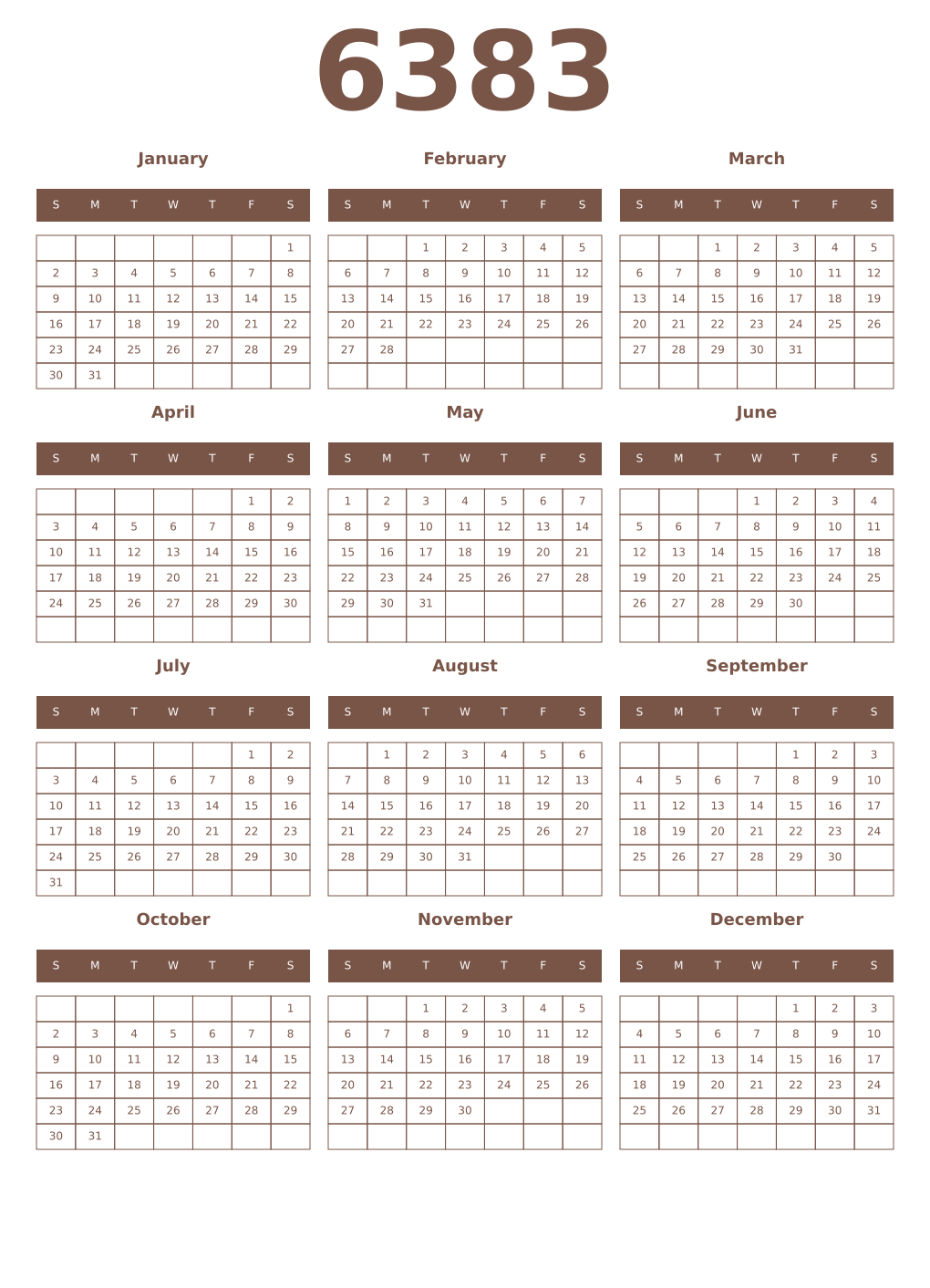 Printable 6383 Year Calendars coffe