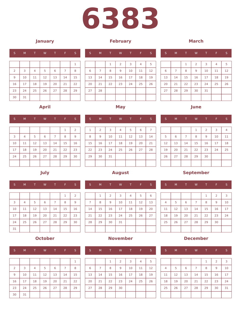 Printable 6383 Year Calendars cordovan