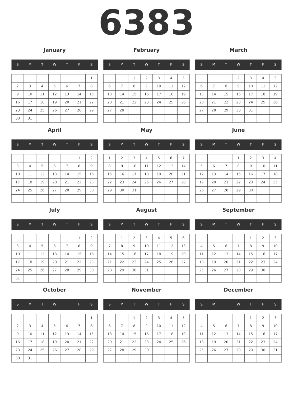 Printable 6383 Year Calendars dark