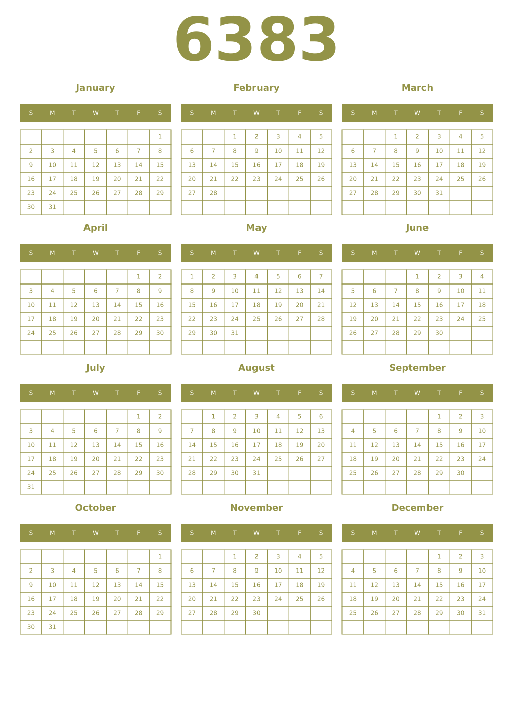 Printable 6383 Year Calendars eburnean