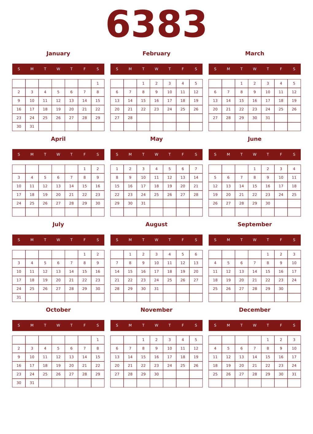 Printable 6383 Year Calendars falu
