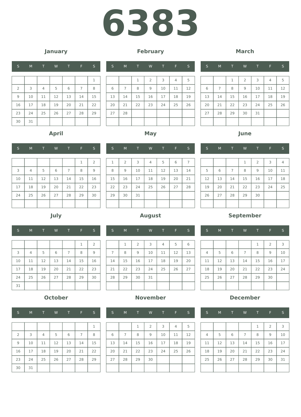 Printable 6383 Year Calendars feldgrau