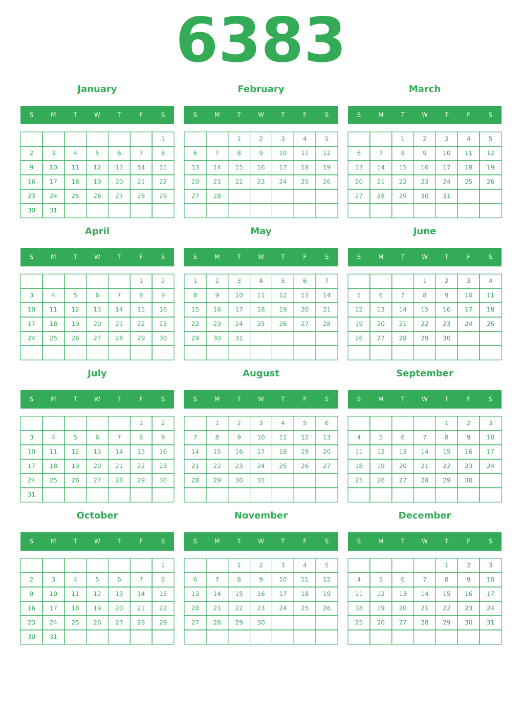Printable 6383 Year Calendars green