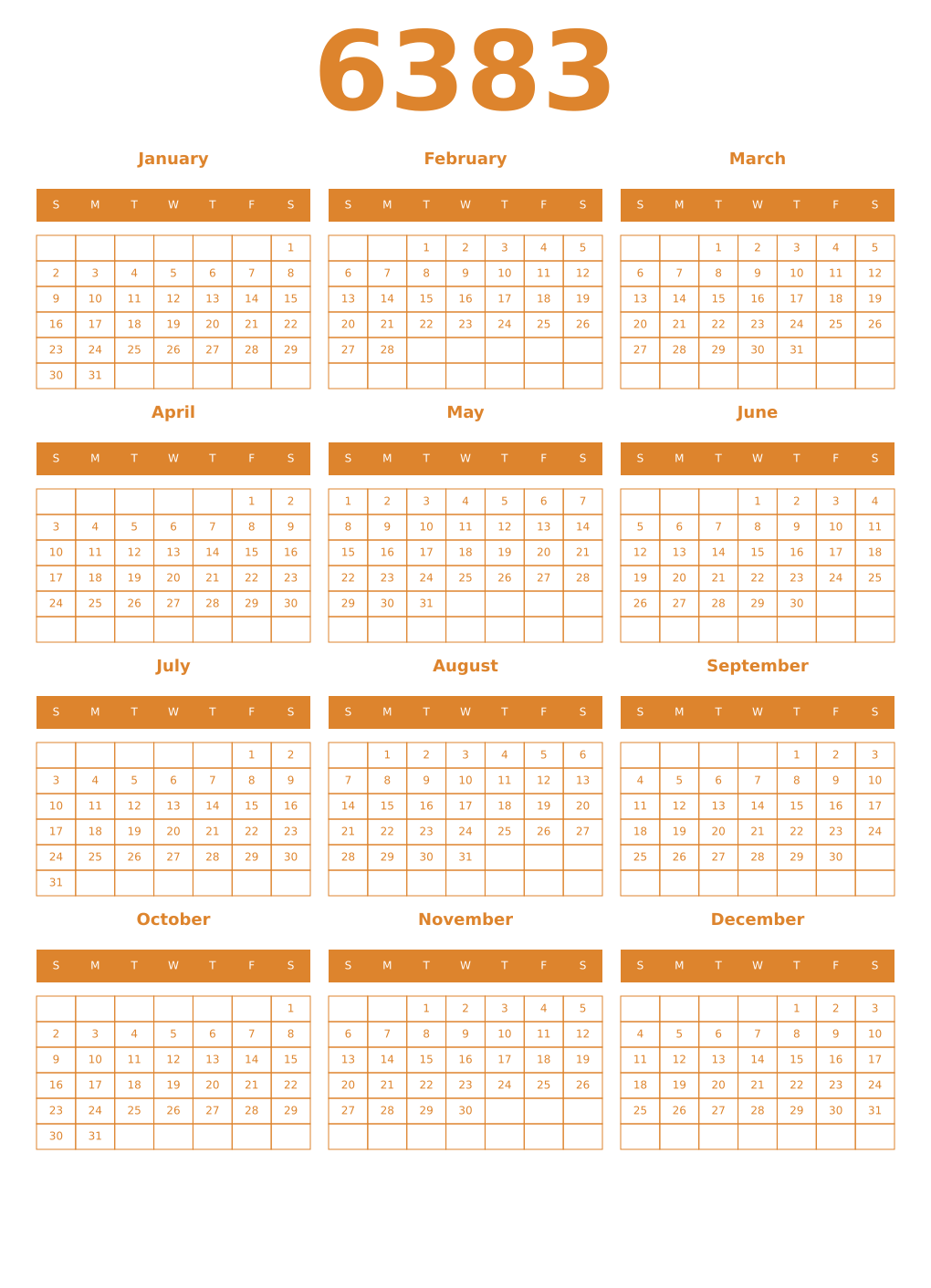 Printable 6383 Year Calendars orange
