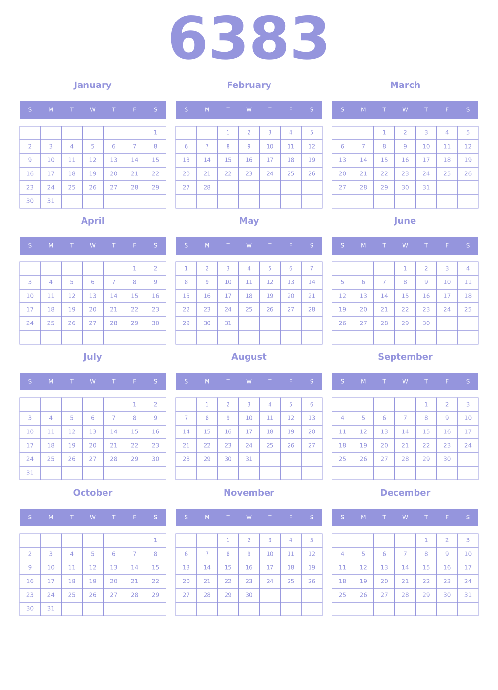 Printable 6383 Year Calendars periwinkle