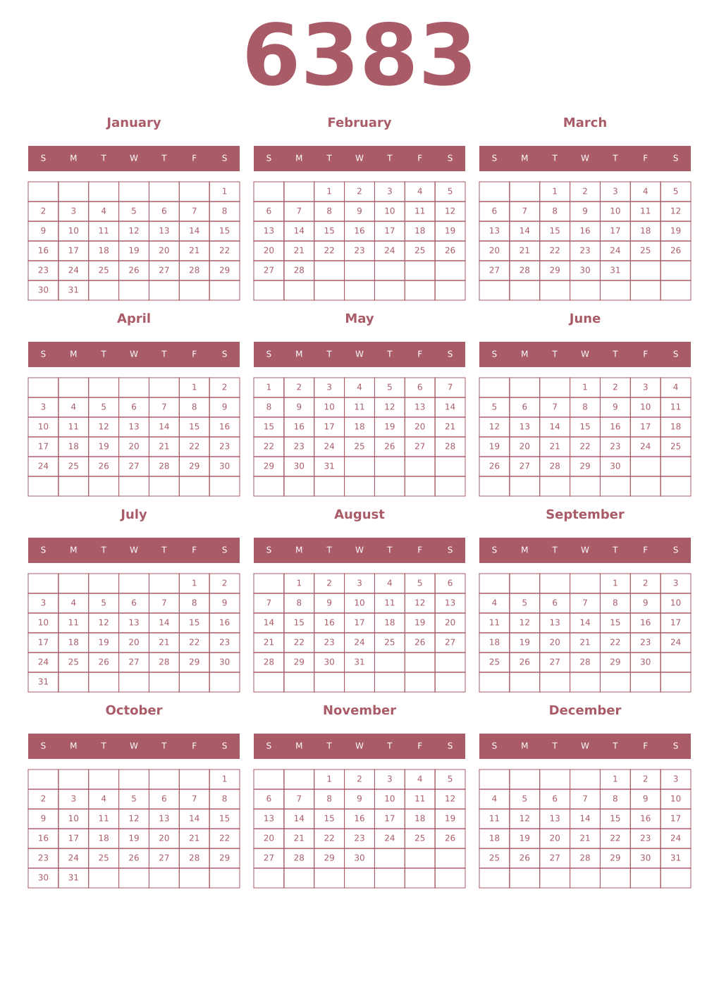 Printable 6383 Year Calendars puce