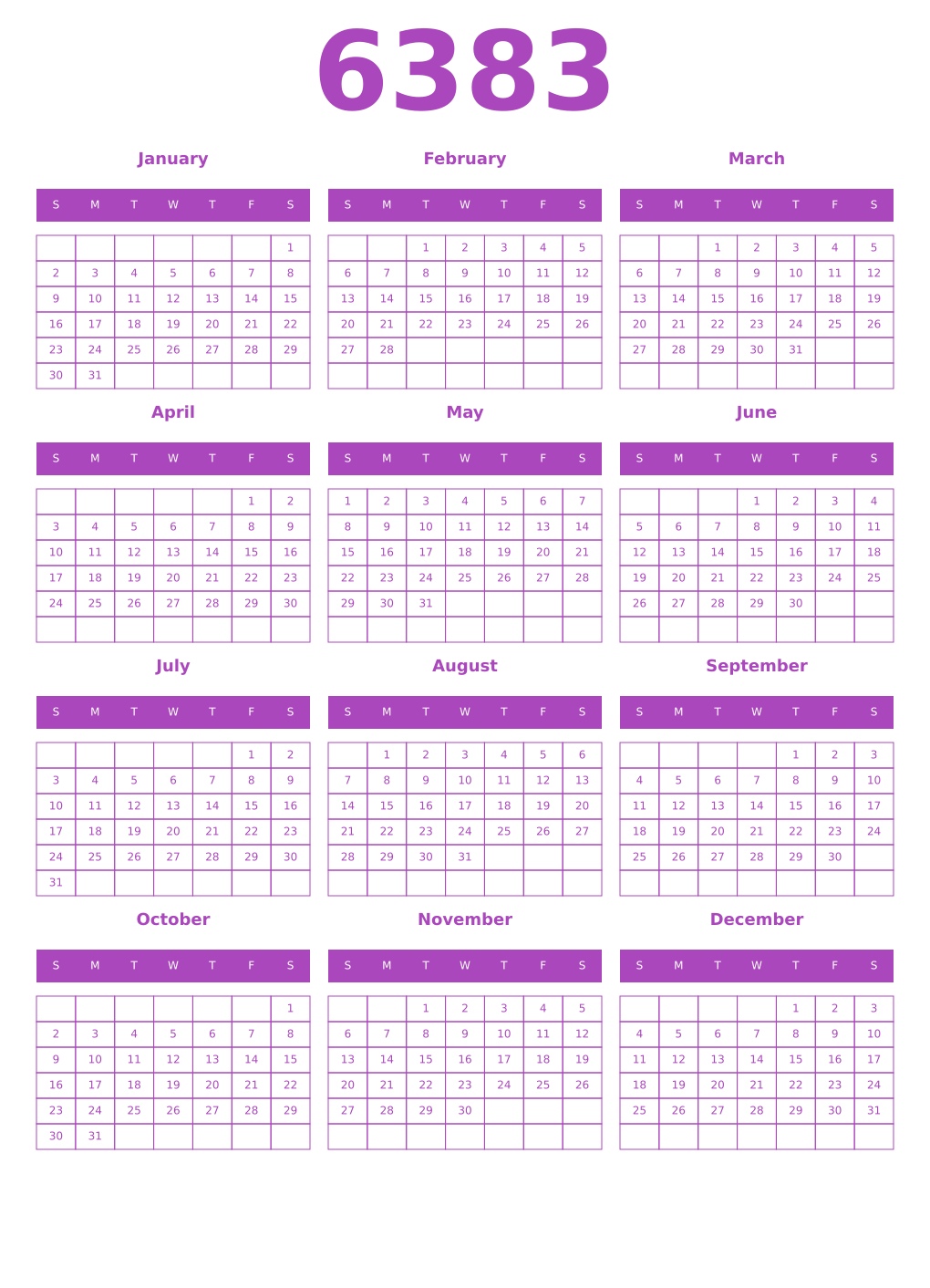 Printable 6383 Year Calendars purple