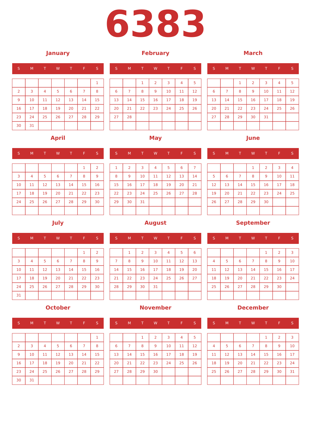 Printable 6383 Year Calendars red
