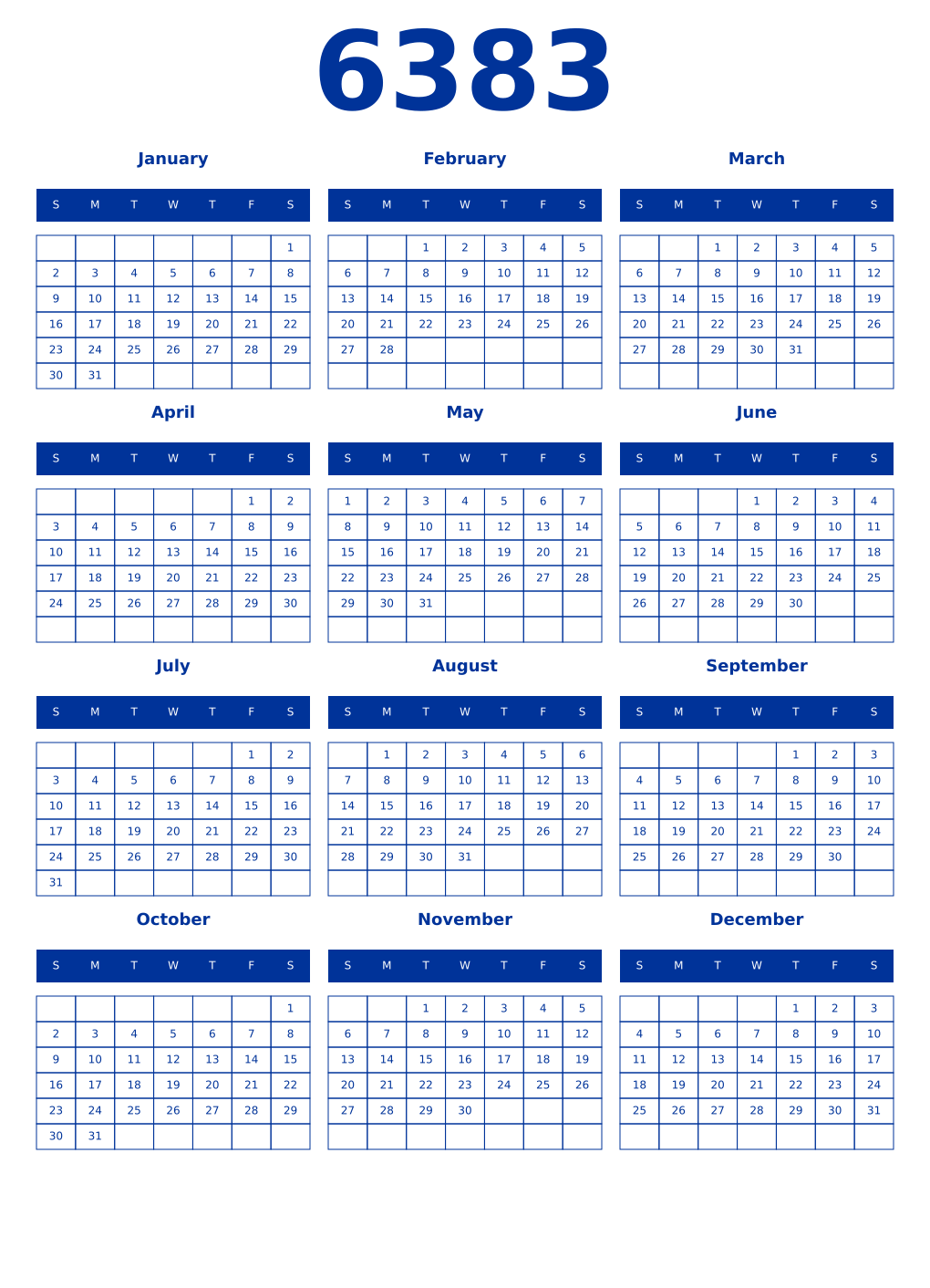 Printable 6383 Year Calendars smalt