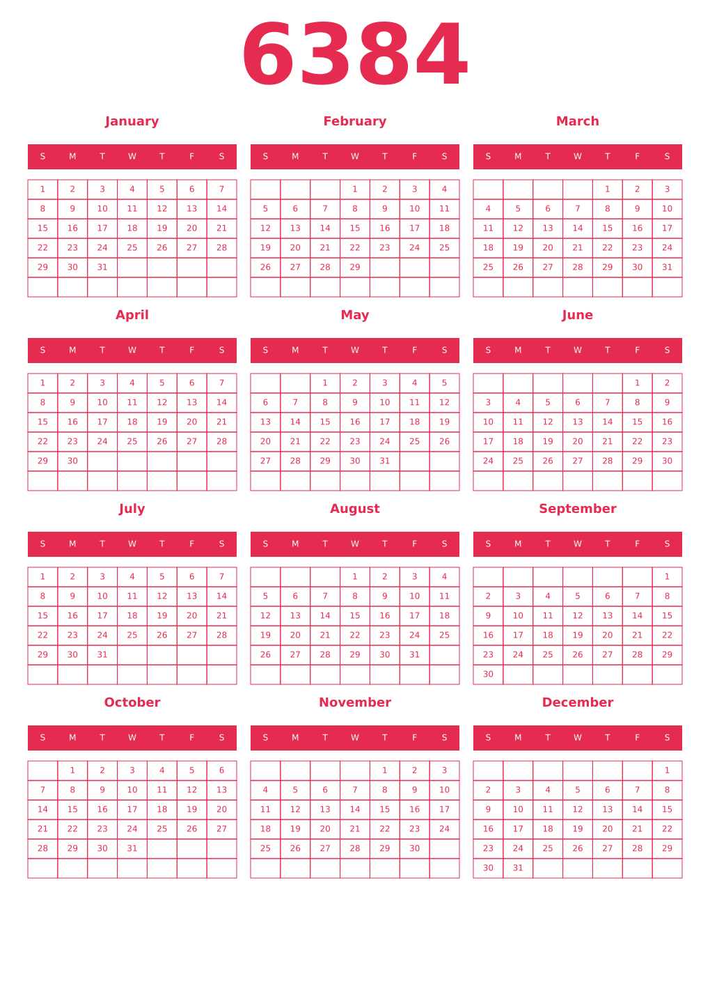 Printable 6384 Year Calendars amaranth