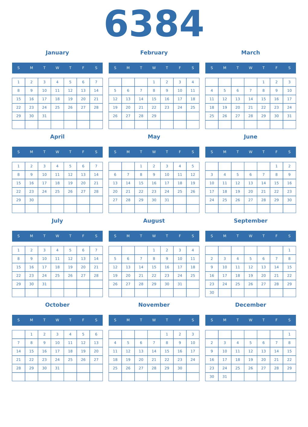 Printable 6384 Year Calendars blue