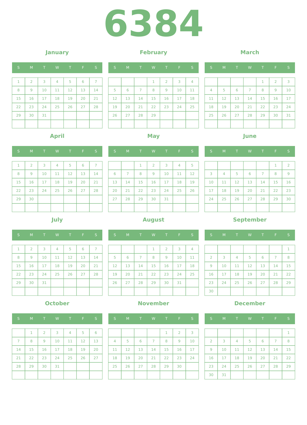 Printable 6384 Year Calendars celadon