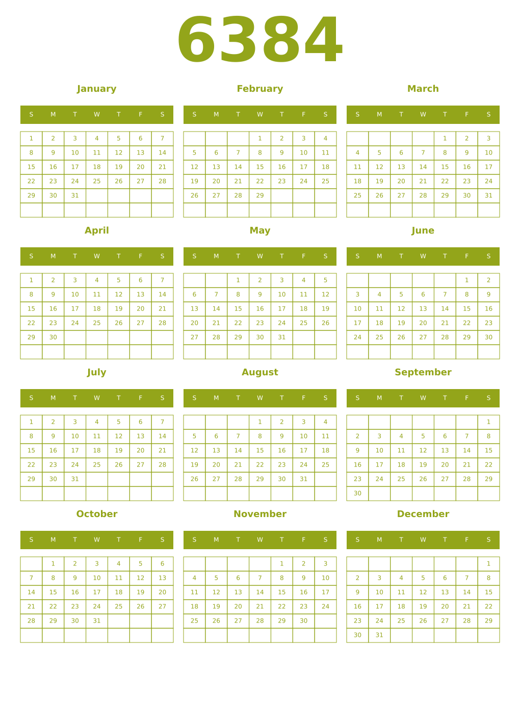 Printable 6384 Year Calendars chartreuse