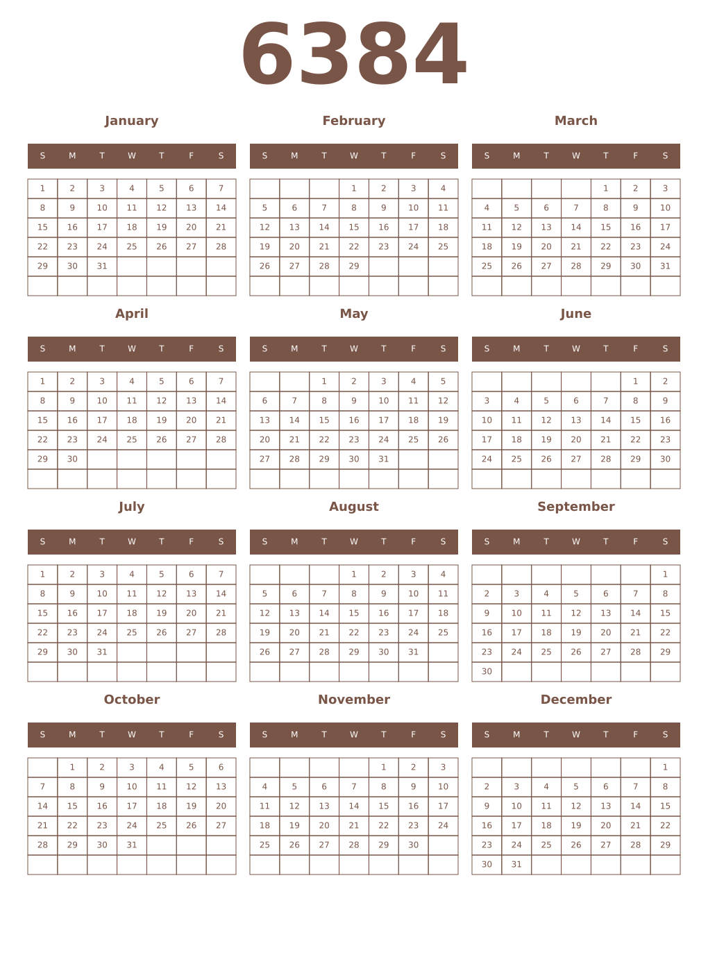 Printable 6384 Year Calendars coffe