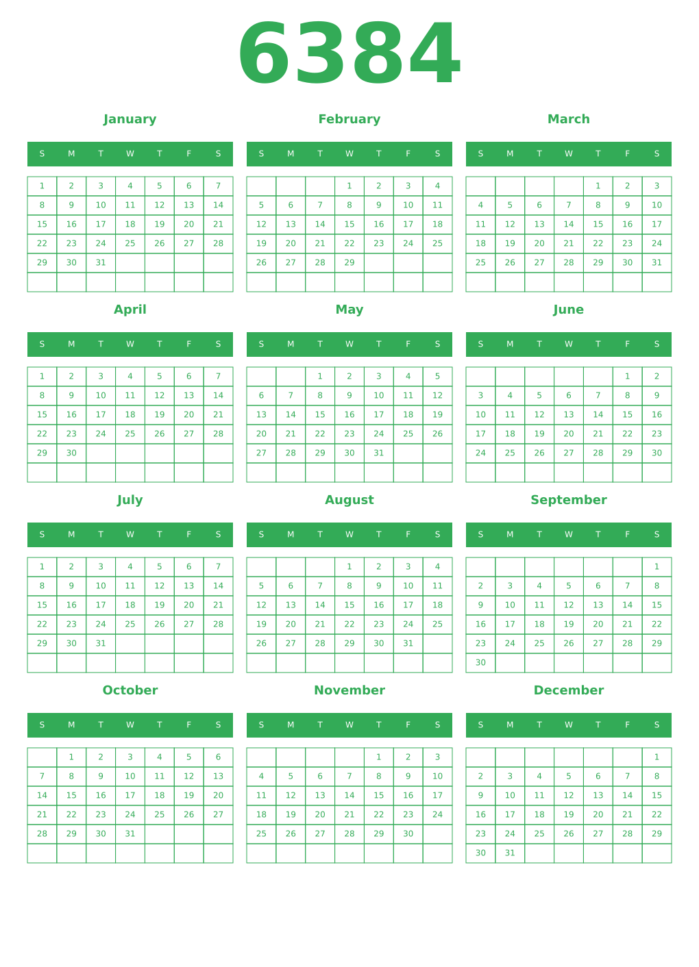 Printable 6384 Year Calendars green