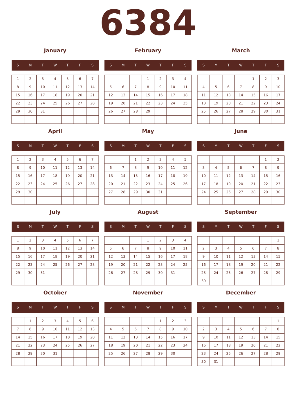 Printable 6384 Year Calendars mortuum