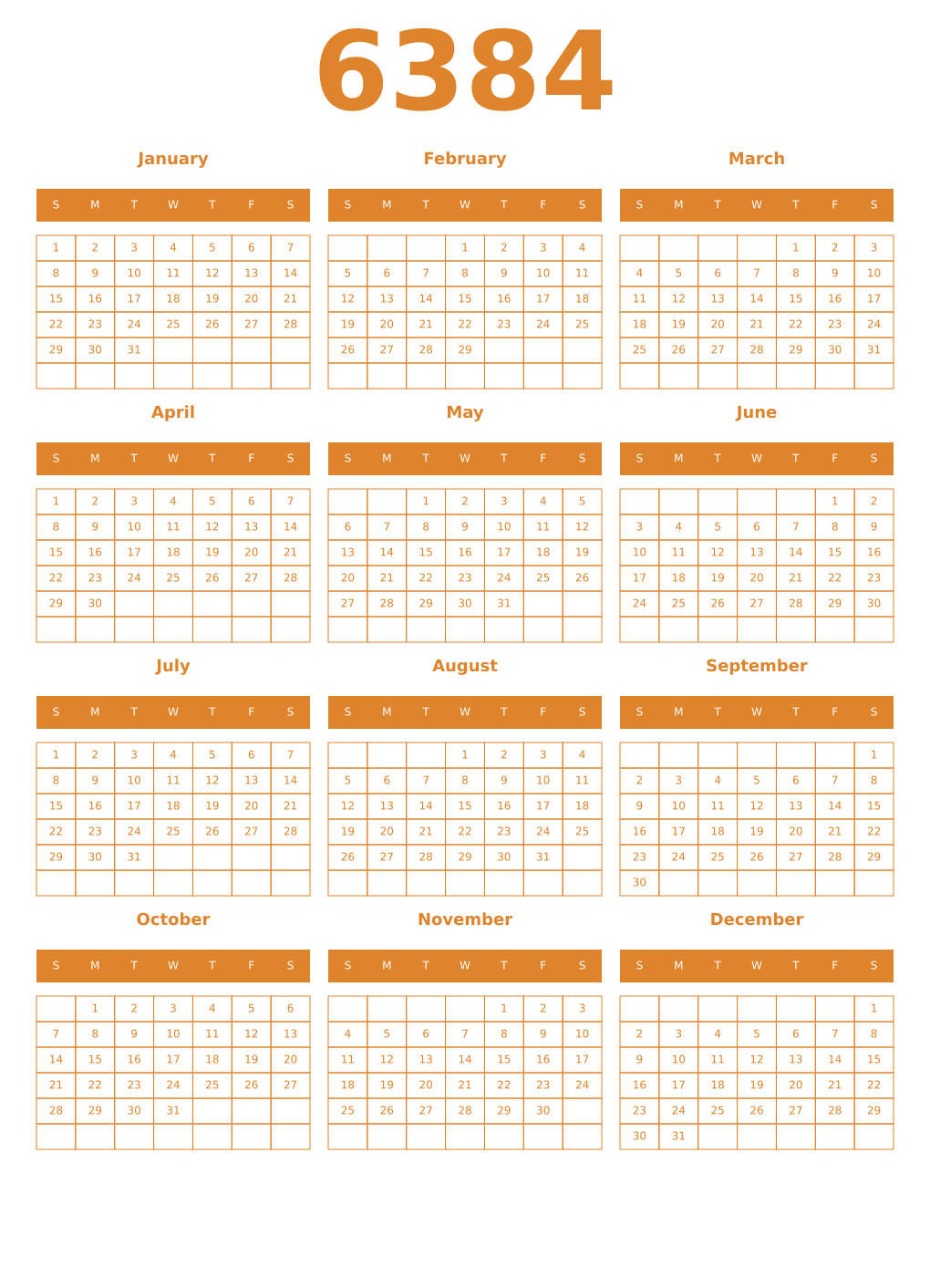 Printable 6384 Year Calendars orange