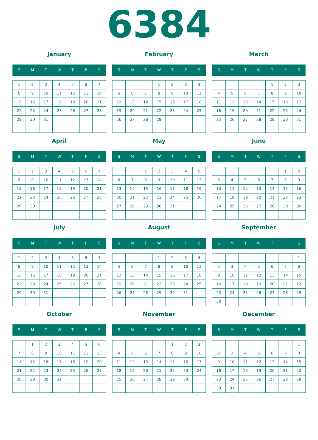 Printable 6384 Year Calendars pastel