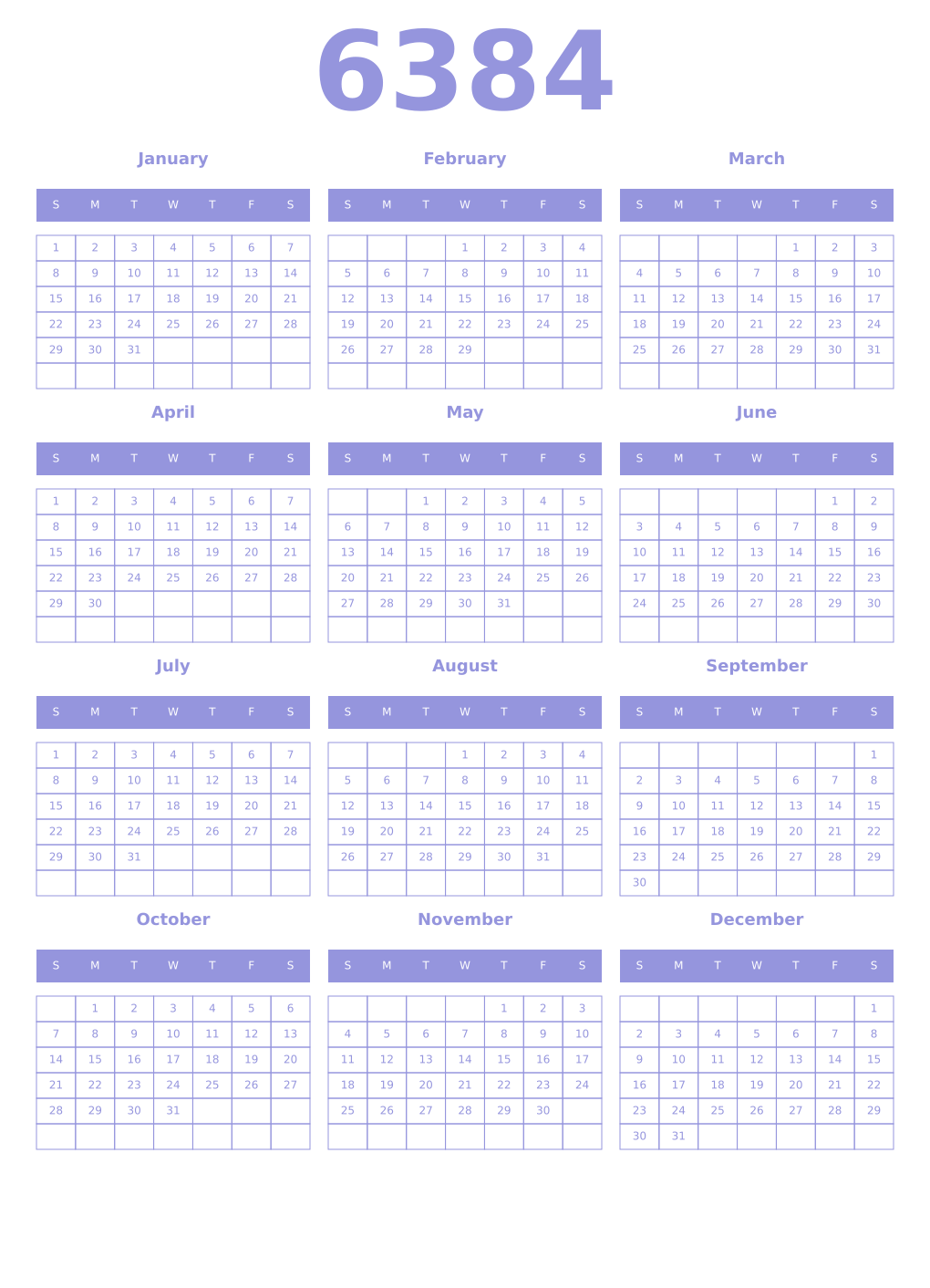 Printable 6384 Year Calendars periwinkle