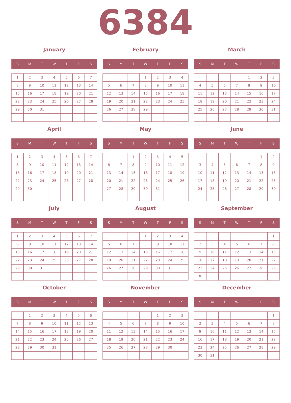 Printable 6384 Year Calendars puce