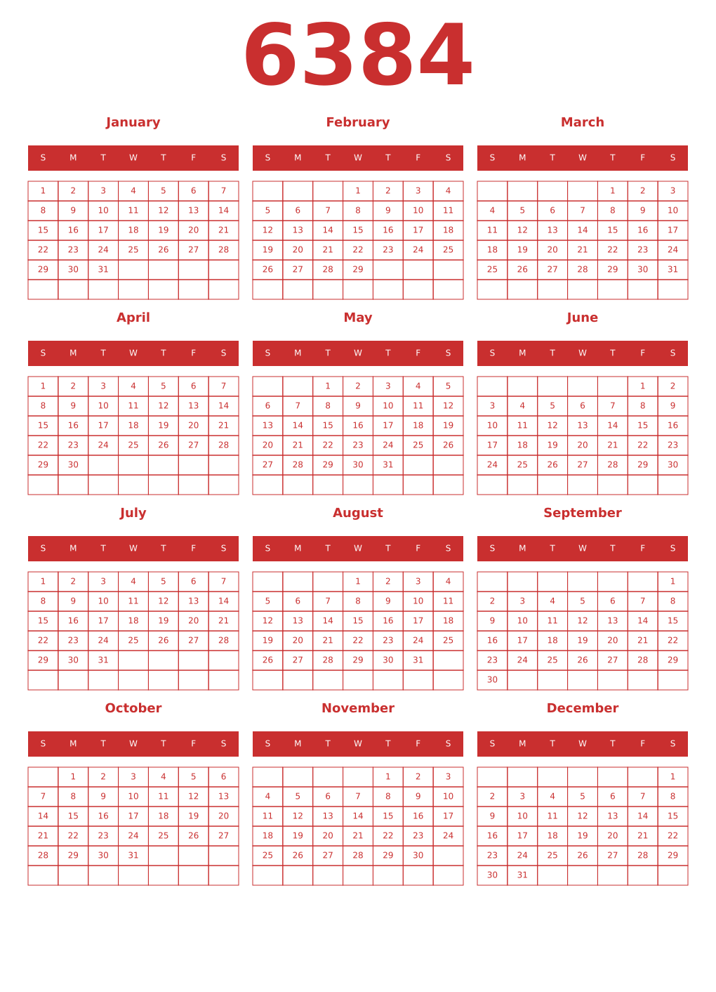 Printable 6384 Year Calendars red