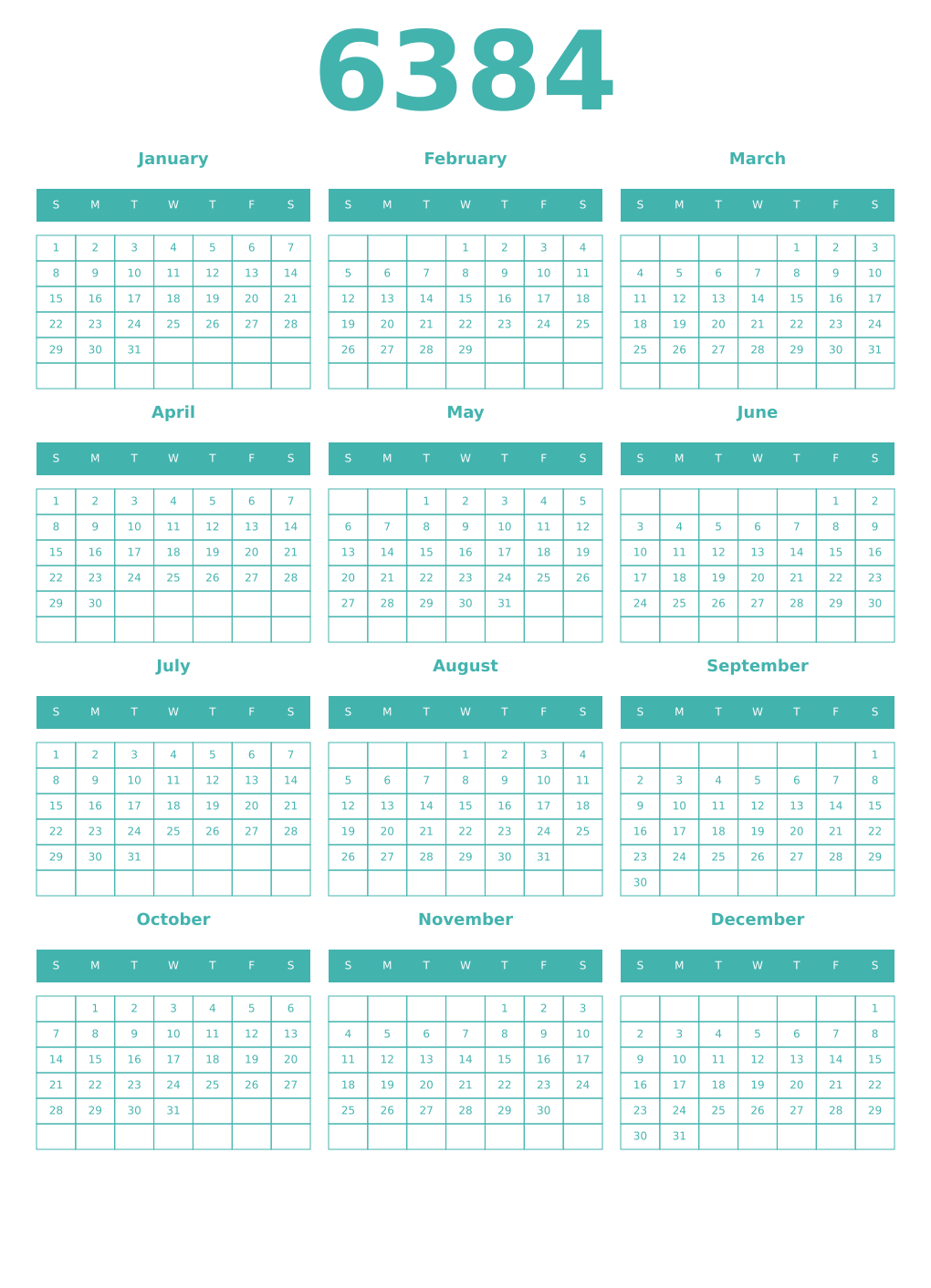 Printable 6384 Year Calendars verdigris
