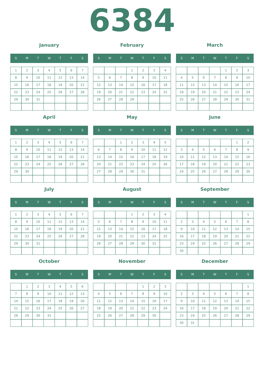 Printable 6384 Year Calendars viridian