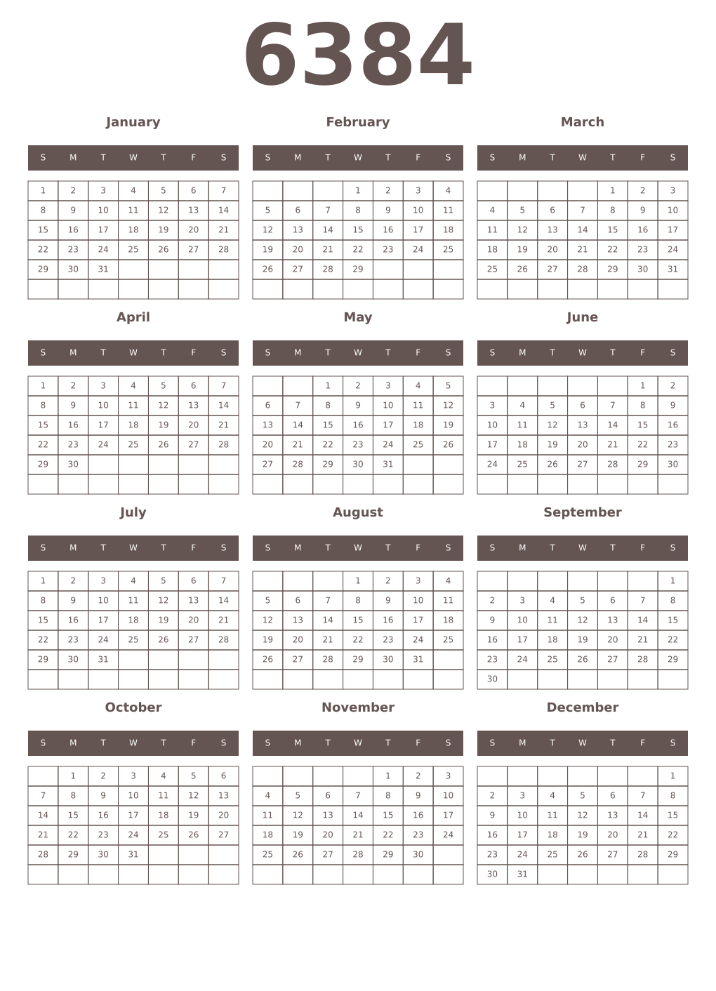 Printable 6384 Year Calendars wenge