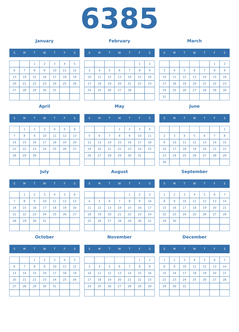 Printable 6385 Year Calendars blue
