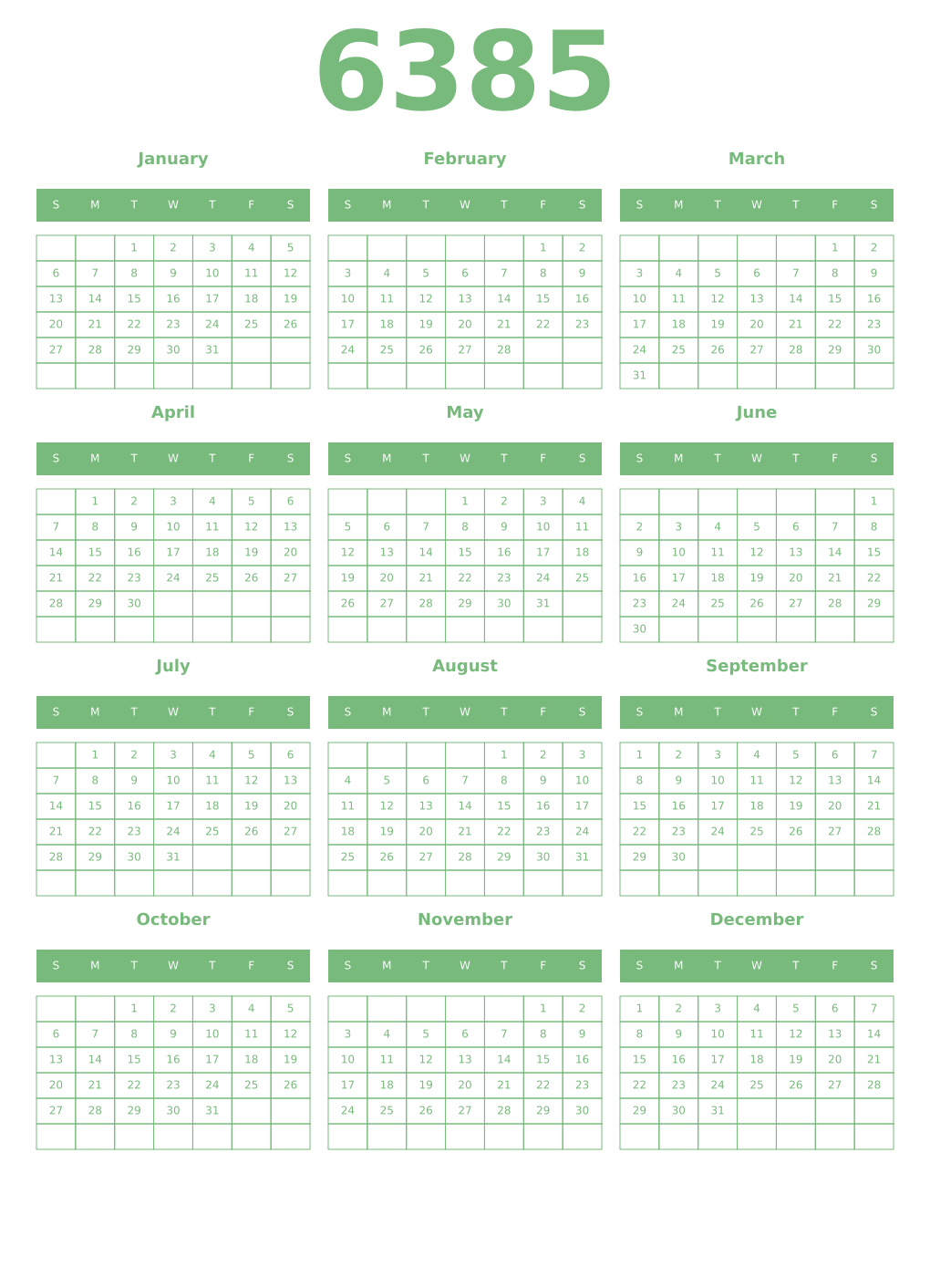 Printable 6385 Year Calendars celadon