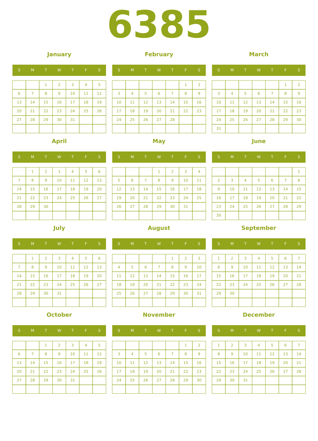 Printable 6385 Year Calendars chartreuse