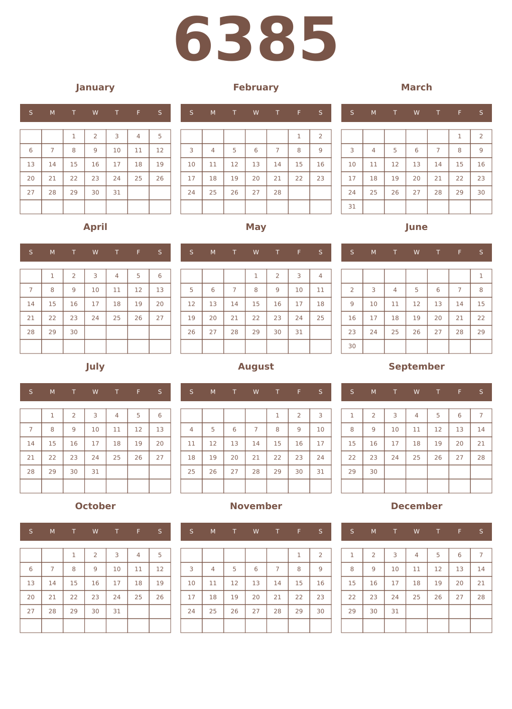 Printable 6385 Year Calendars coffe