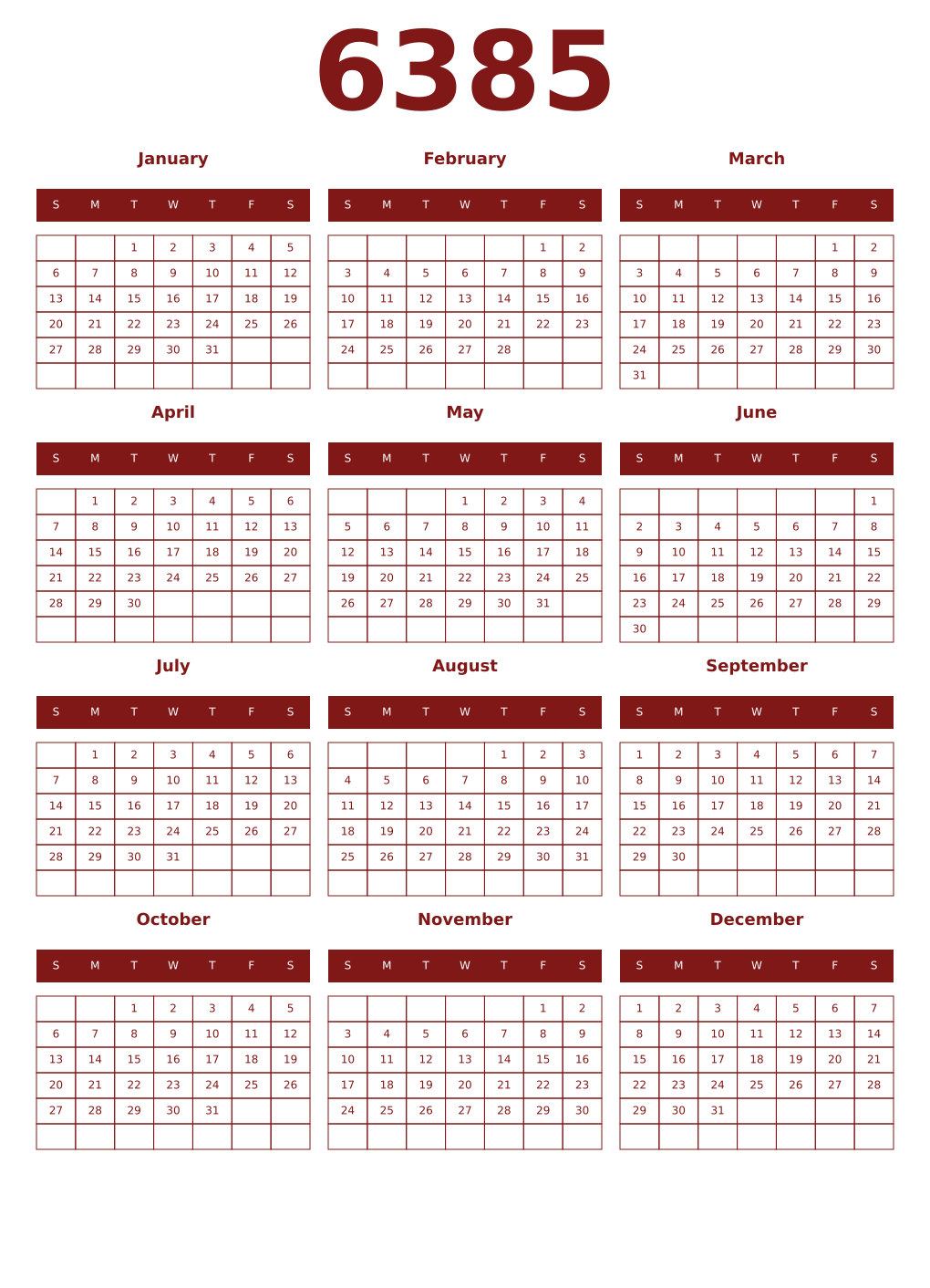 Printable 6385 Year Calendars falu