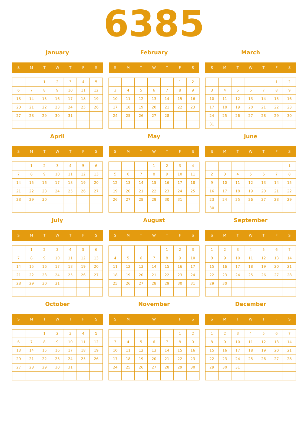 Printable 6385 Year Calendars gamboge