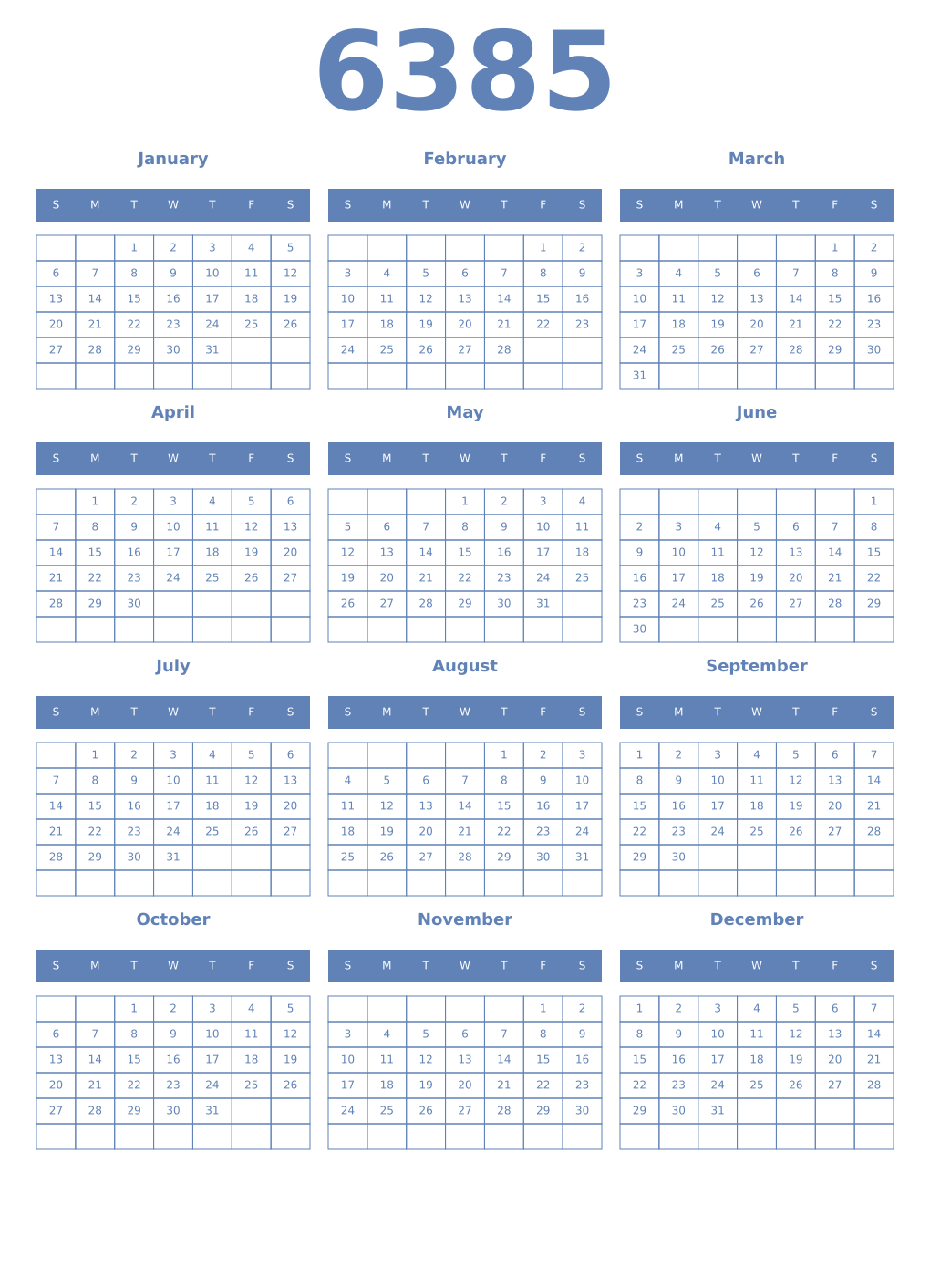 Printable 6385 Year Calendars glaucous