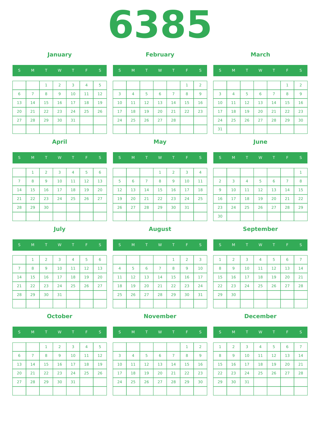 Printable 6385 Year Calendars green