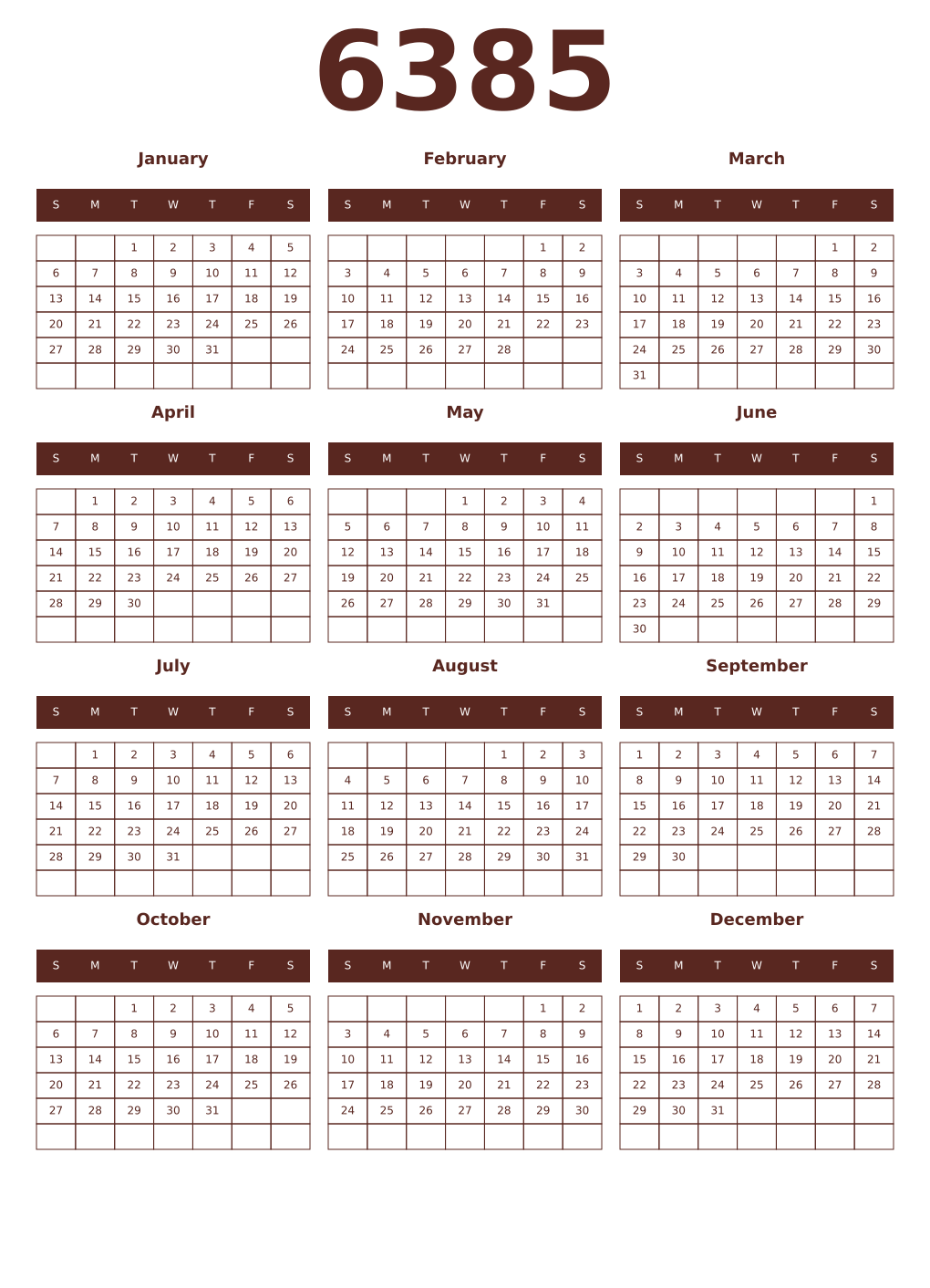 Printable 6385 Year Calendars mortuum