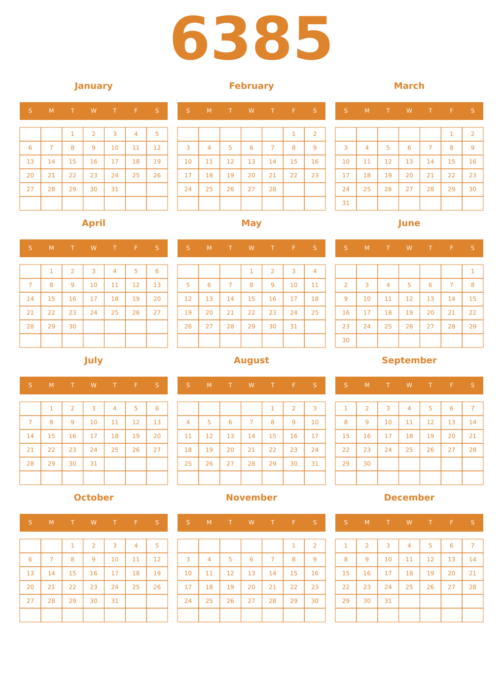 Printable 6385 Year Calendars orange