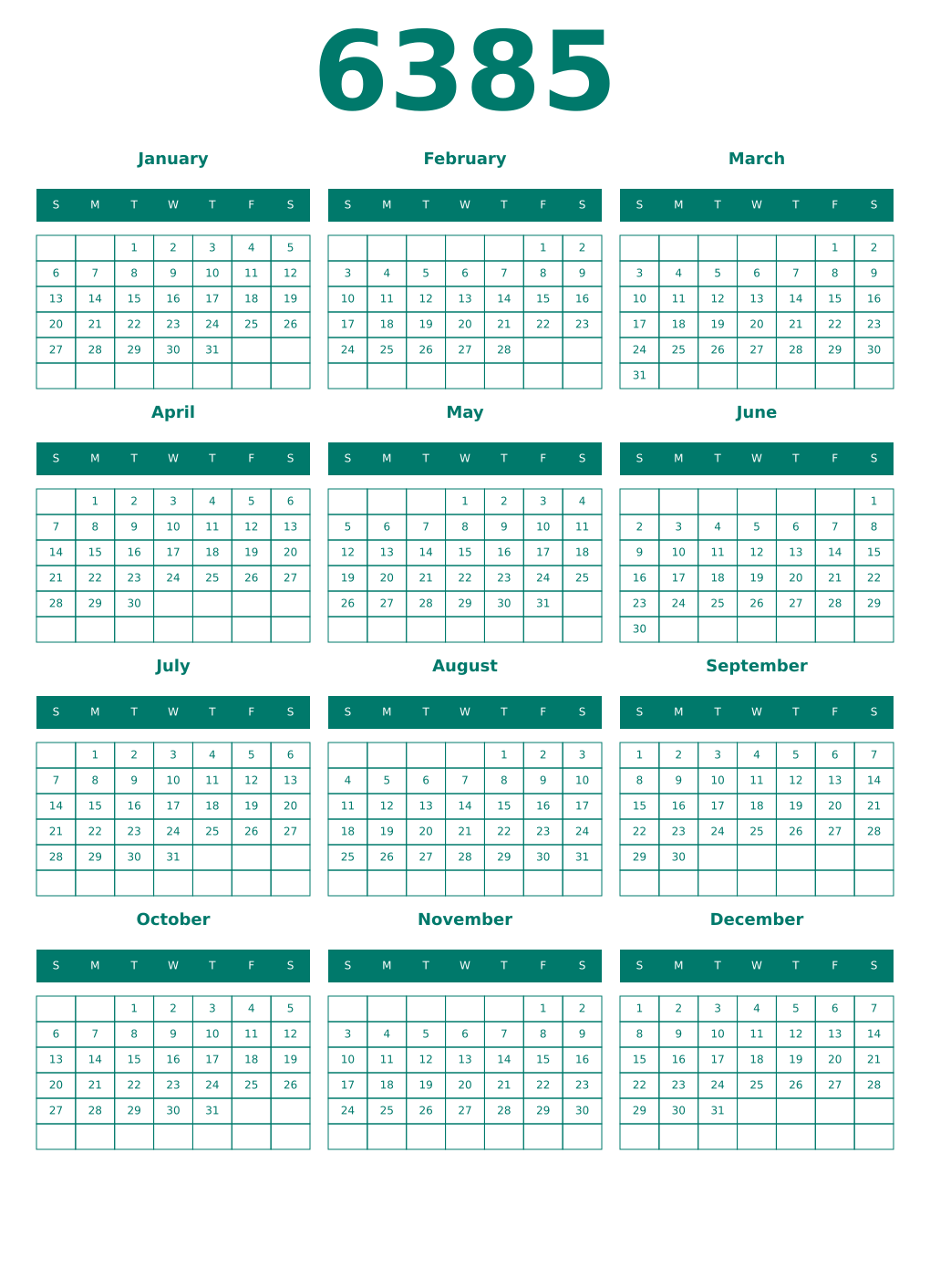 Printable 6385 Year Calendars pastel