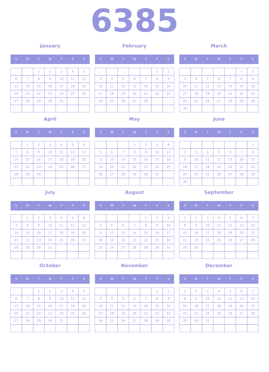 Printable 6385 Year Calendars periwinkle