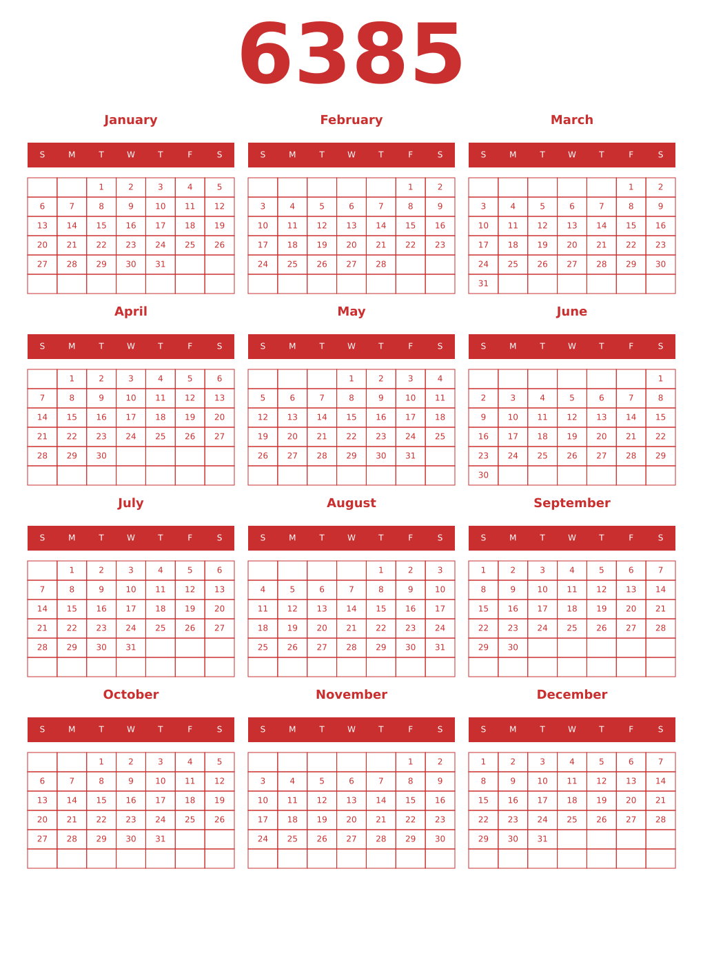 Printable 6385 Year Calendars red