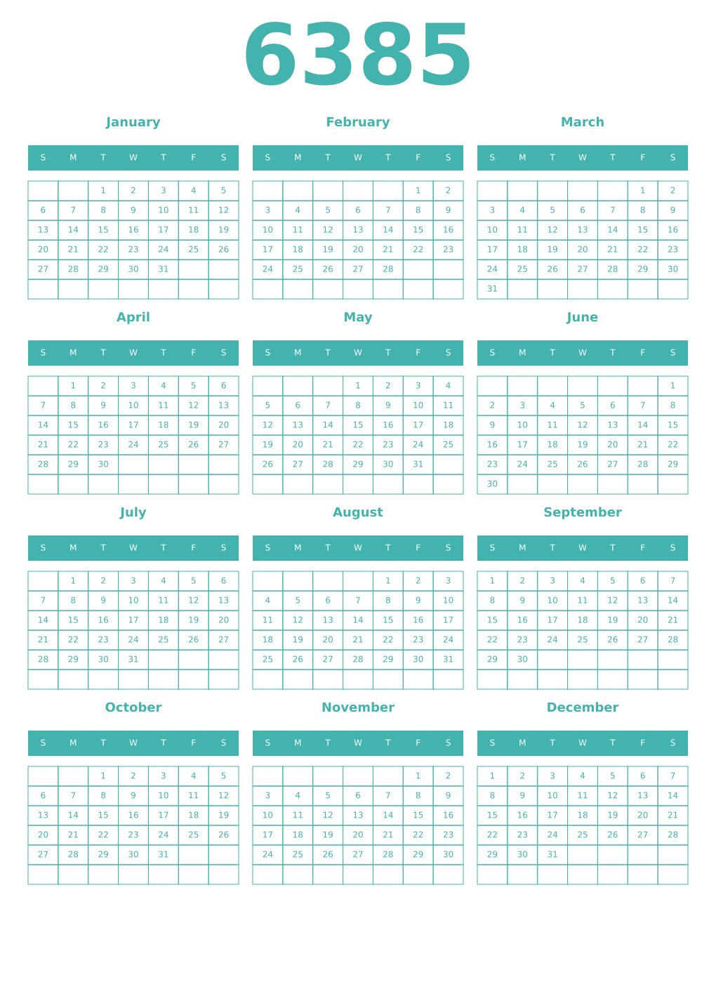 Printable 6385 Year Calendars verdigris