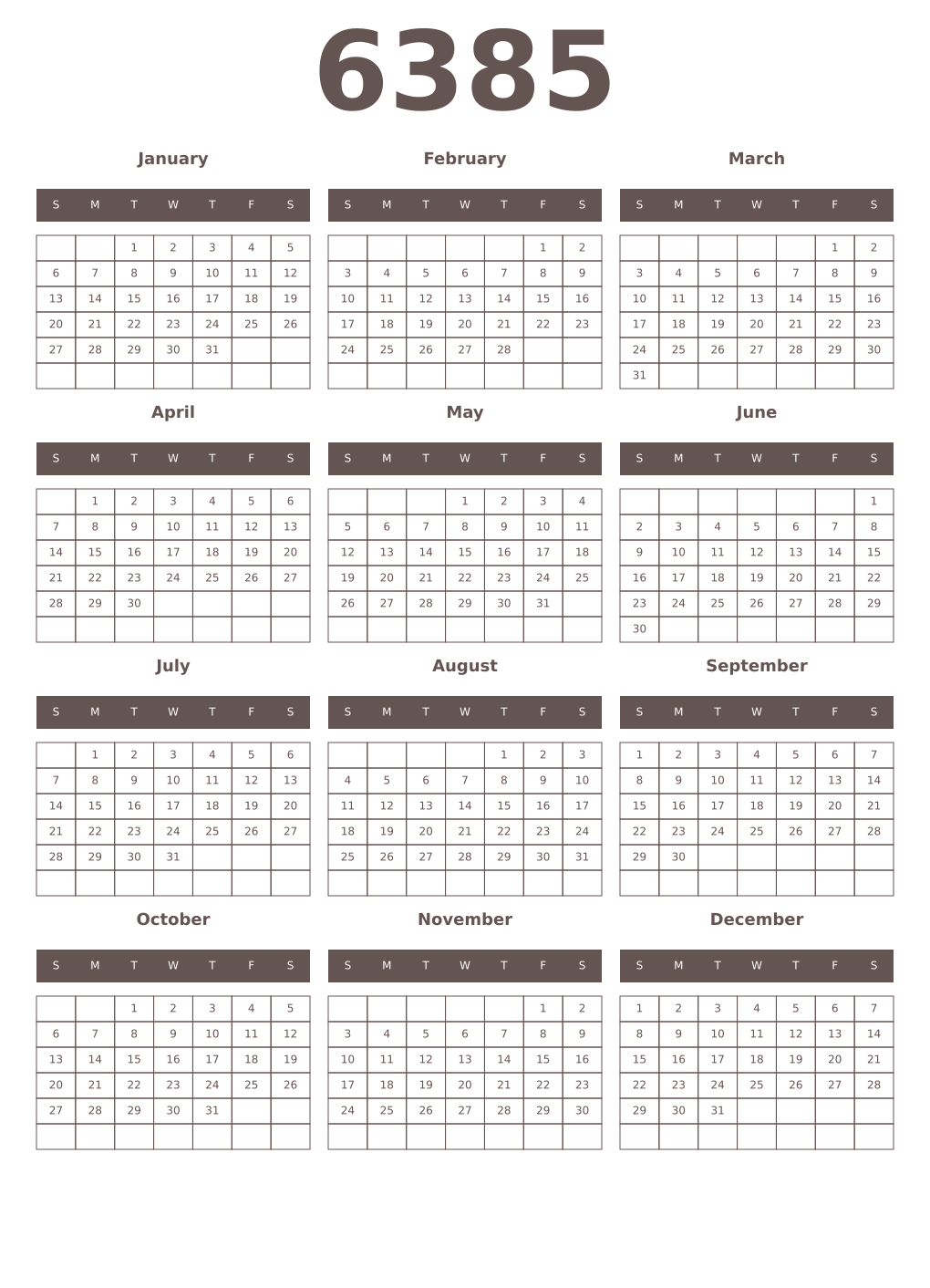 Printable 6385 Year Calendars wenge