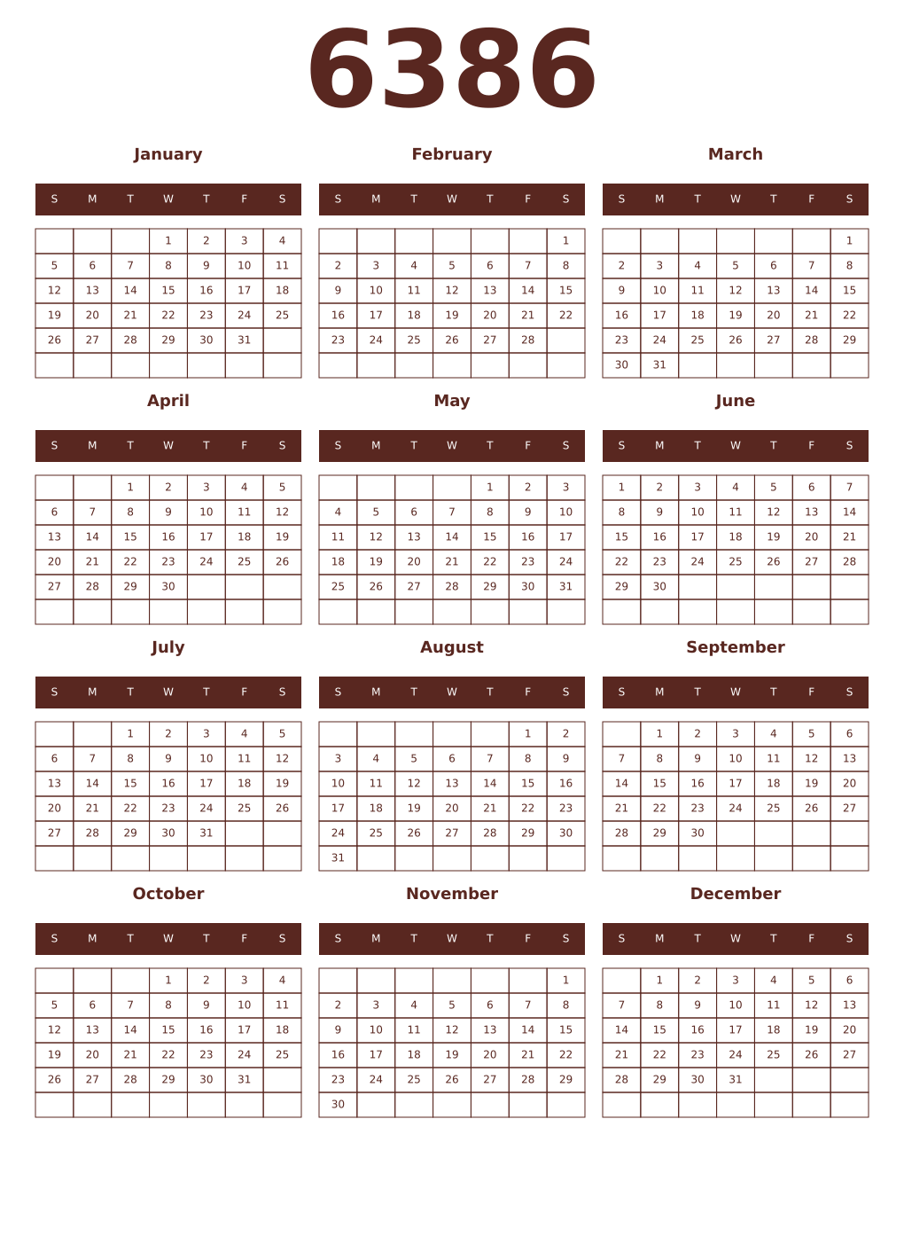 Printable 6386 Year Calendars mortuum