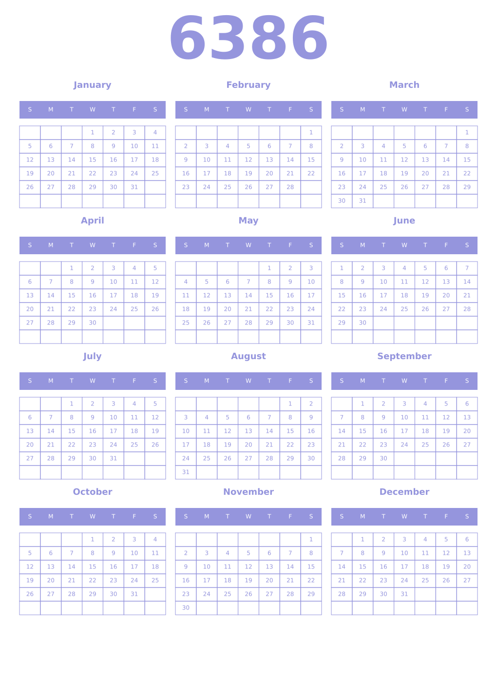 Printable 6386 Year Calendars periwinkle