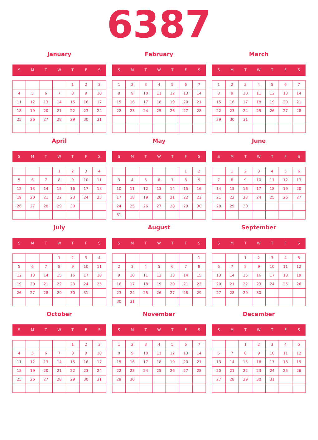 Printable 6387 Year Calendars amaranth
