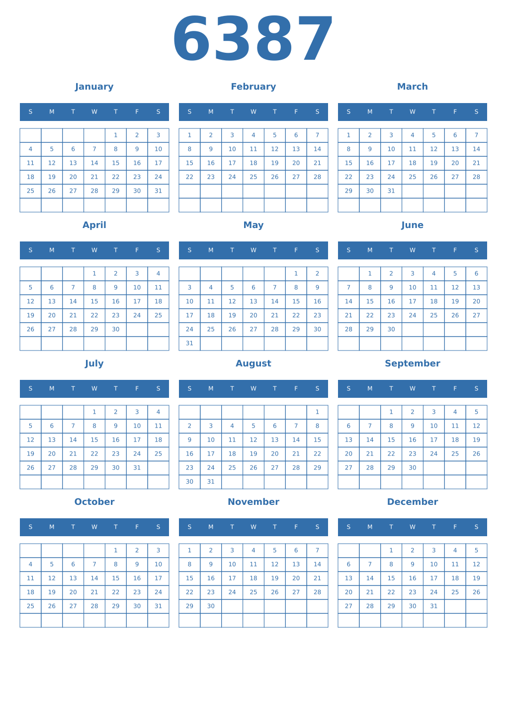 Printable 6387 Year Calendars blue