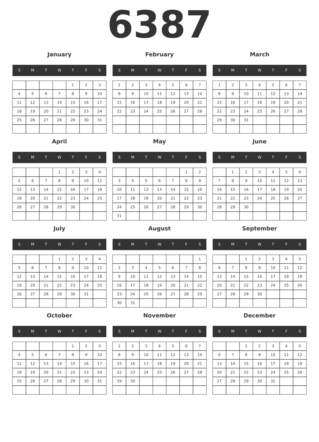 Printable 6387 Year Calendars dark