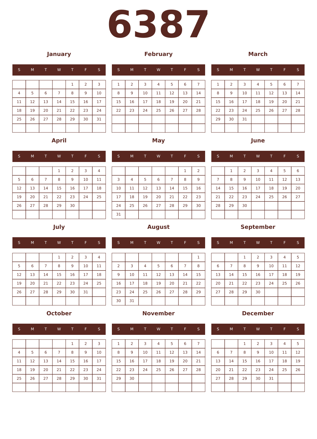 Printable 6387 Year Calendars mortuum