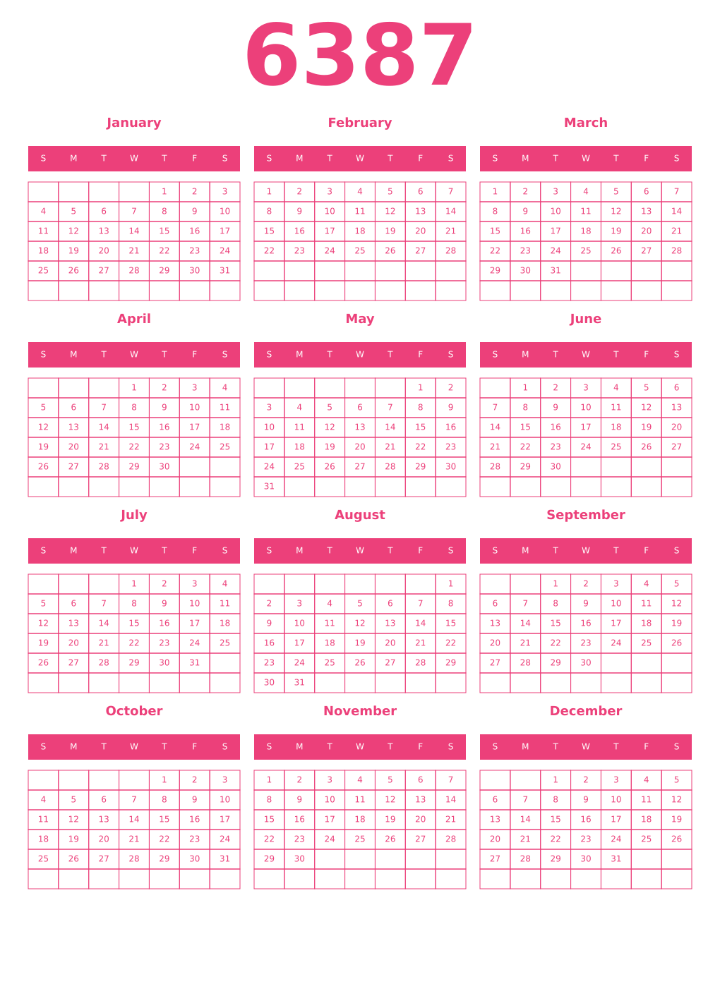 Printable 6387 Year Calendars pink